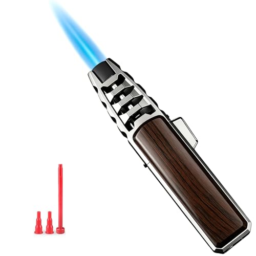 JOBON Butane Torch Lighter, Refillable Kitchen Cooking Torch with Safety Lock, Windproof Adjustable Jet Flame Solar Beam Torch Blow Torch for Baking BBQ Mens Gifts (Without Gas) (Brown)